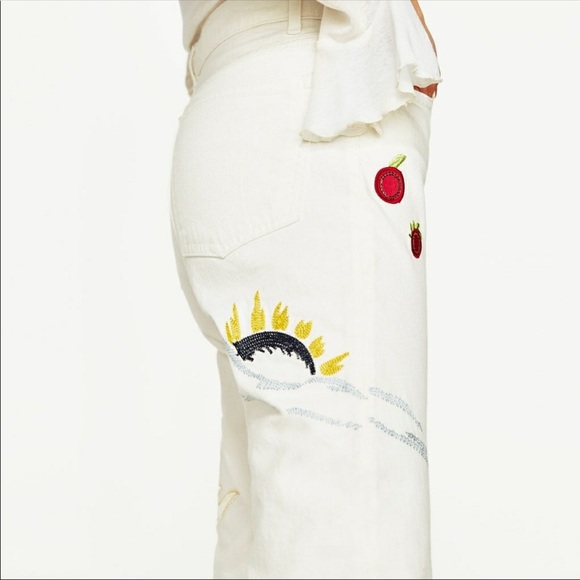 NWT! Zara Vintage High Waist Embroidered Beaded Straight Leg White Jeans Size 4 - Picture 4 of 13